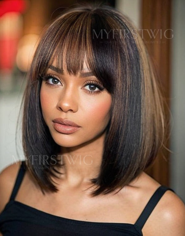 10 14 Inch Brown Highlight Bob With Bangs Glueless Human Hair Lace Wig Closure Wig LFB058
