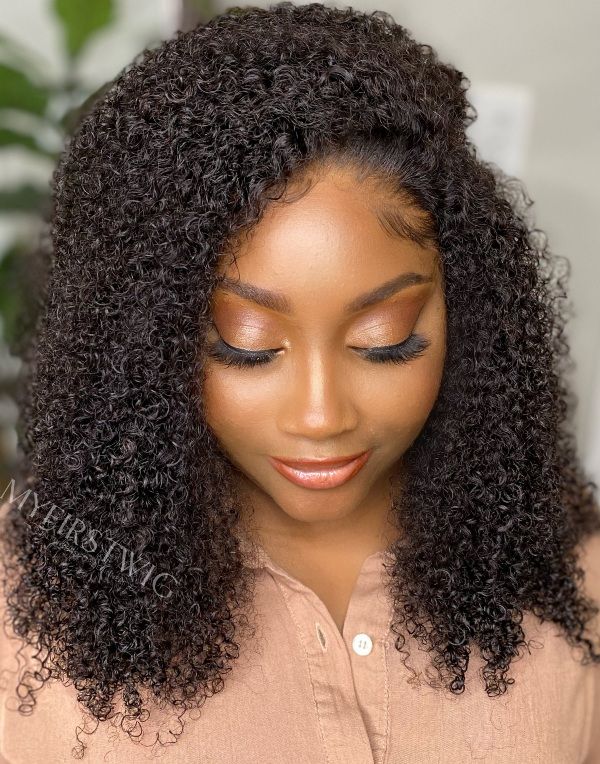 14 18 Inch Natural Kinky Curly Glueless Human Hair Lace Wig Closure Wig LFC018