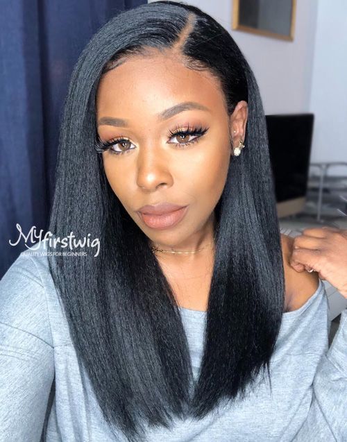 14-20 Inch Kinky Straight Long Glueless Human Hair Lace Wig / Closure Wig - Dominique LFK001