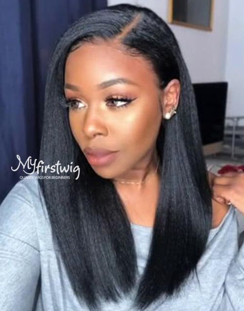 14-20 Inch Kinky Straight Long Glueless Human Hair Lace Wig / Closure Wig - Dominique LFK001