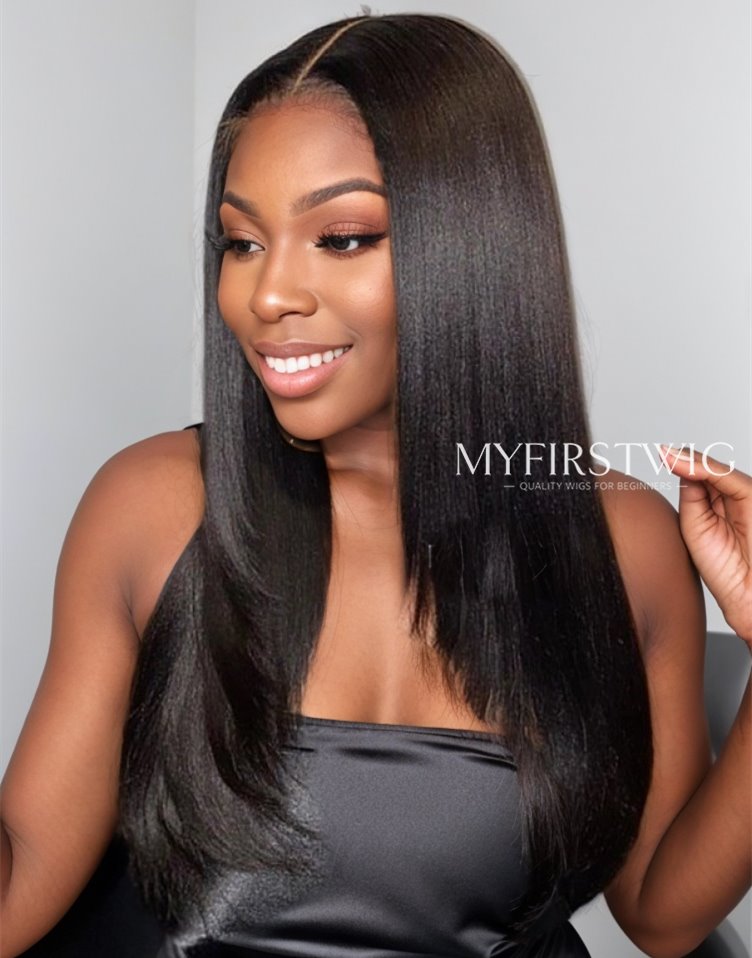 16 20 Inch Yaki Layered Long Straight Glueless Human Hair Lace Wig Closure Wig ANI8002