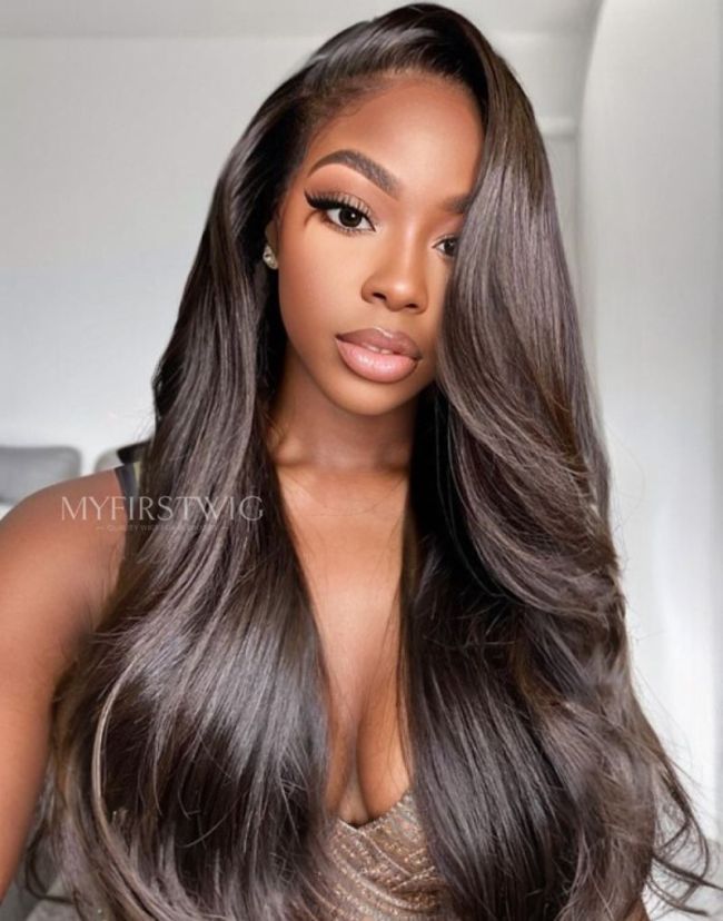 16 20 Inch Side Part Black Straight Glueless Human Hair Lace Wig Closure Wig ANI8001