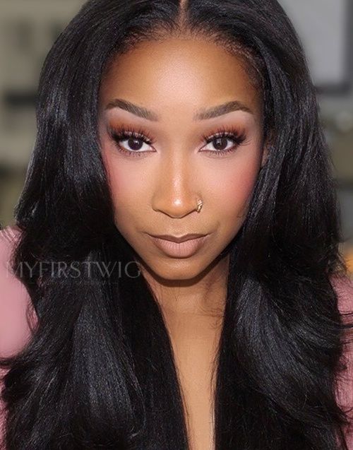 4C Natural Edges Yaki Texture With Middle Part Layered Glueless Invisible Lace Front Wigs 4CEY005