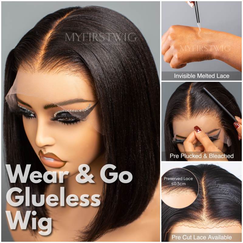 Malaysian Human Hair Blunt Cut Glueless Relaxed Yaki Hair Texture Bob Invisible Lace Front Wig - YAKI023