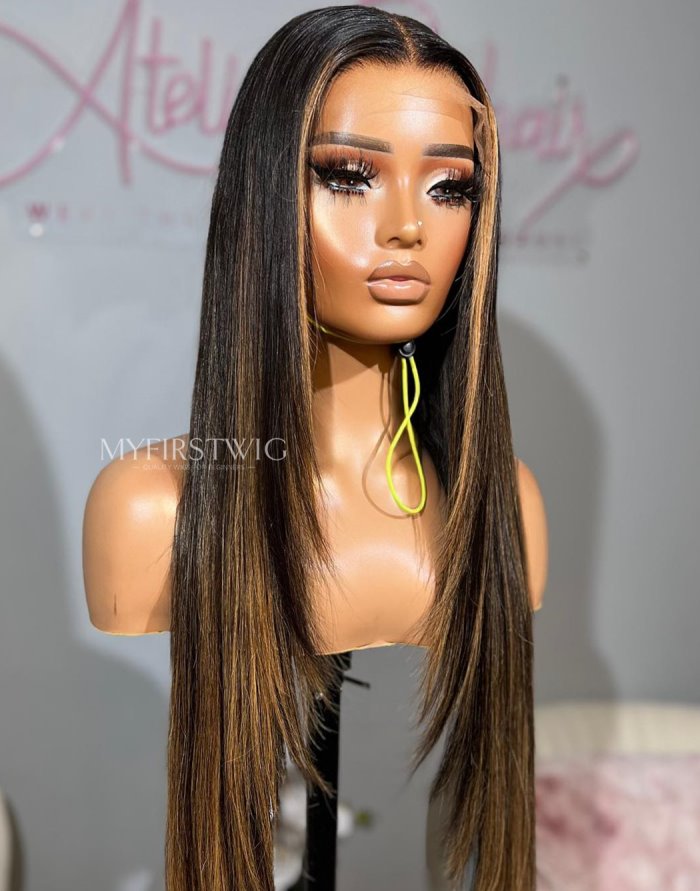 OpHair - Long Straight With Layers Brown Highlight Glueless Human Hair Lace Front Wigs - OPH042