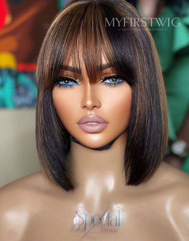 ASPECIALUNIT Highlight Brown Bob With Bangs Invisible Lace