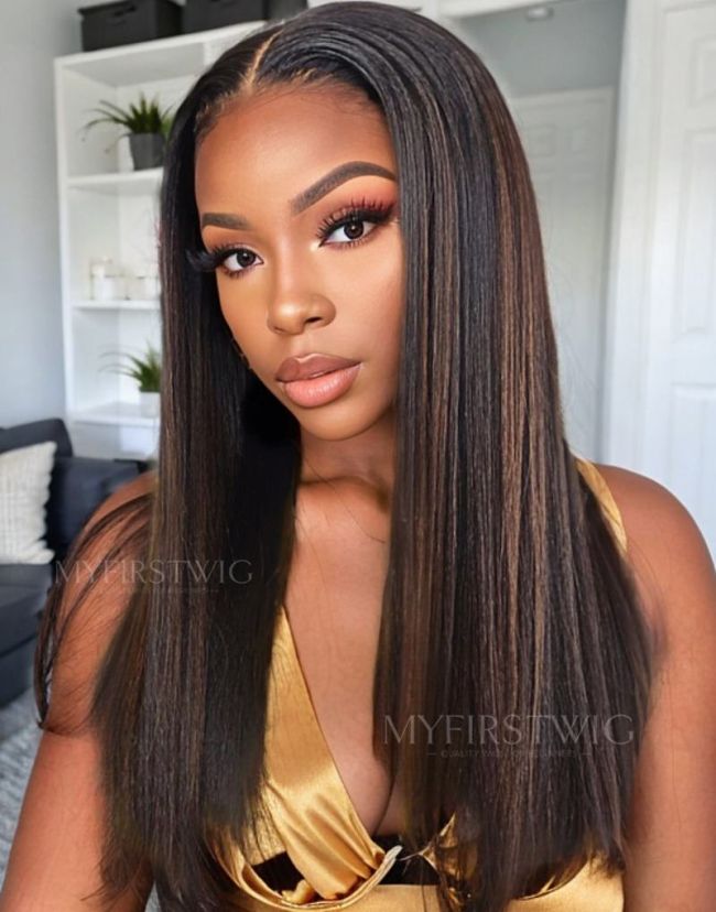 Highlight Dark Brown Yaki Straight Glueless Invisible Lace Front Wig -
