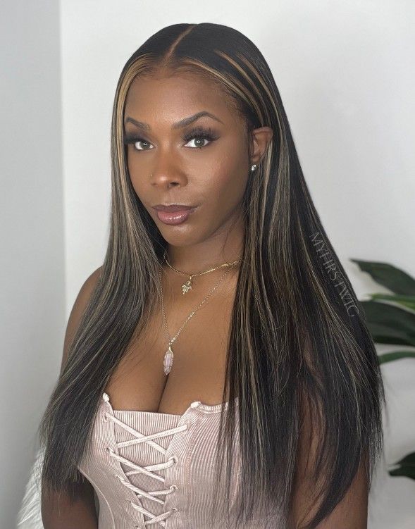 Highlight Blonde Middle Part Straight Glueless Human Hair Lace Front Wig - LFW099