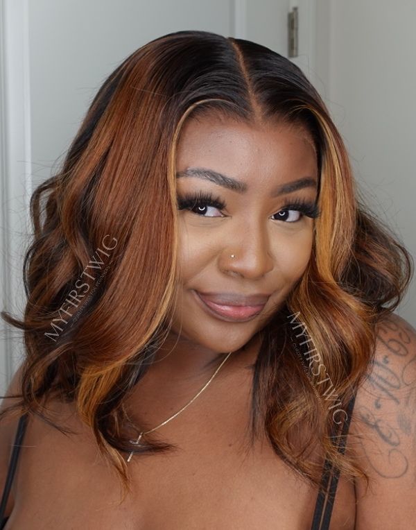 12-16 Inch Ombre Brown Wavy Bob Glueless Human Hair Lace Wig / Closure Wig - TBA009