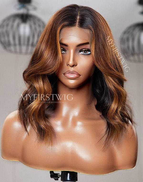 12-16 Inch Ombre Brown Wavy Bob Glueless Human Hair Lace Wig / Closure Wig - TBA009