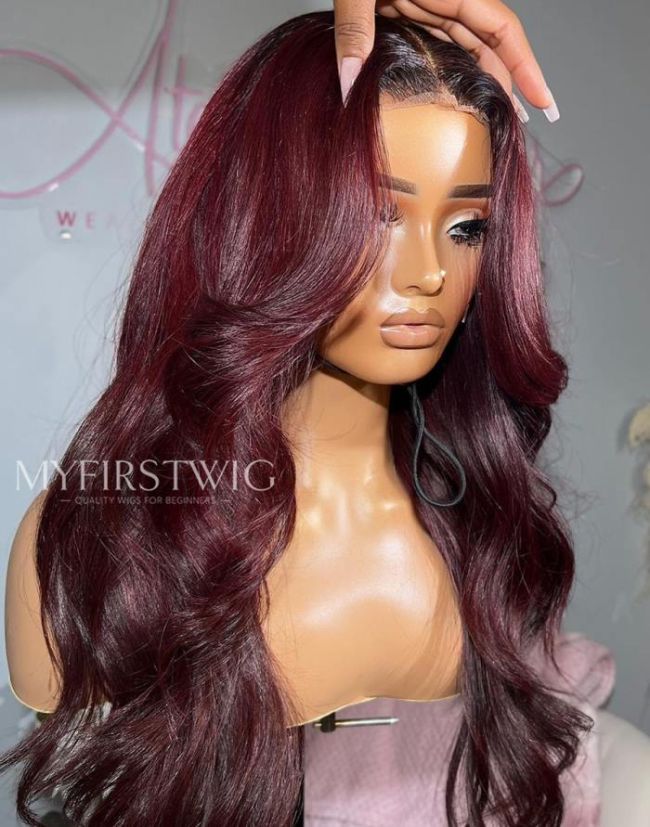 OpHair - 16-20 Inch Ombre Burgundy Long Wavy Glueless Invisible Human Hair Lace Front Wig - OPH023