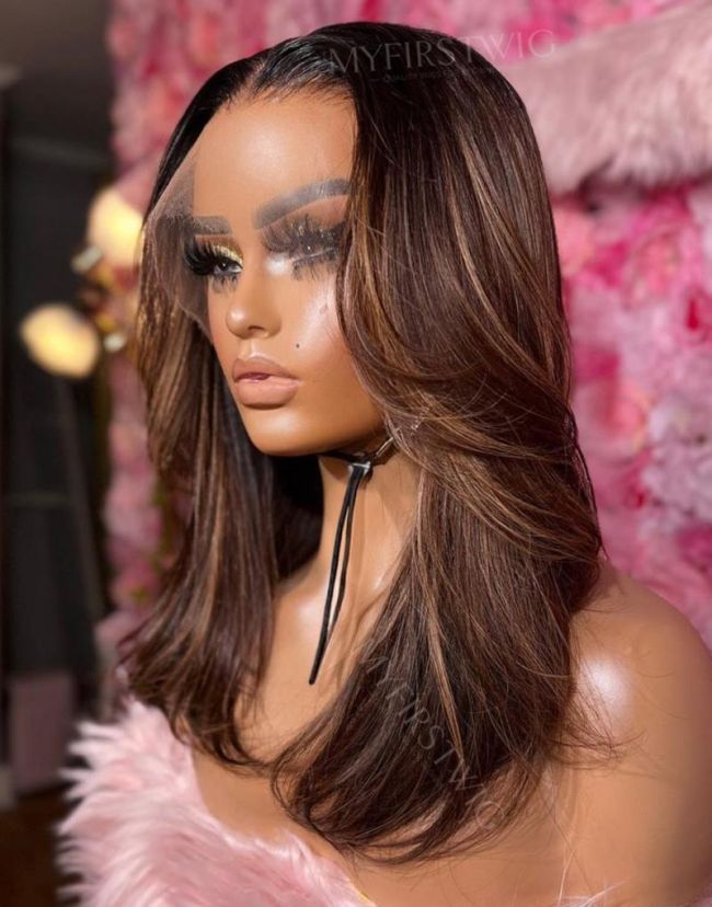 OpHair - Layers Straight Ombre Brown With Highlight Glueless Invisible Lace Front Wig - OPH006