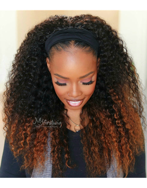 TATYANA - HUMAN HAIR OMBRE HIGHLIGHT CURLY (3A-3B) HEADBAND WIG - HBW0