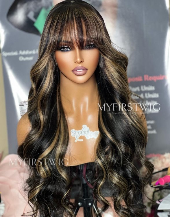 ASPECIALUNIT - Blonde Highlight Wavy With Bangs Malaysian Human Hair Lace Front Wig - SPE036