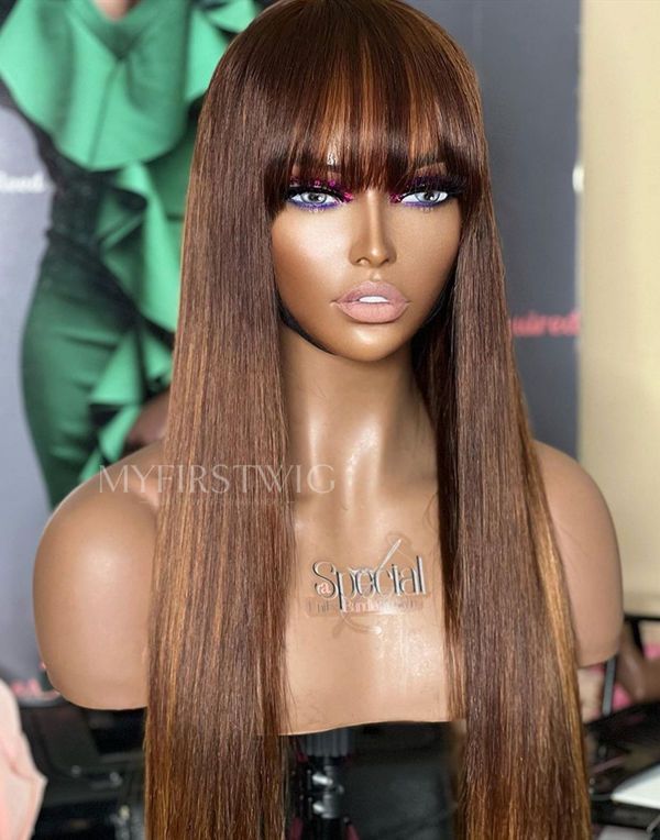 ASPECIALUNIT - Brown With Blonde Highlight Straight With Bangs Lace Front Wig - SPE054