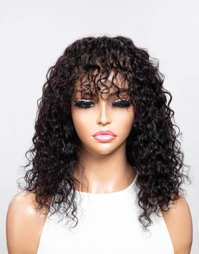 4x4" Closure Wig Chic 14 Inch Deep Wave Curly Wig With Bangs Invisible Glueless Lace Wig - FL4419