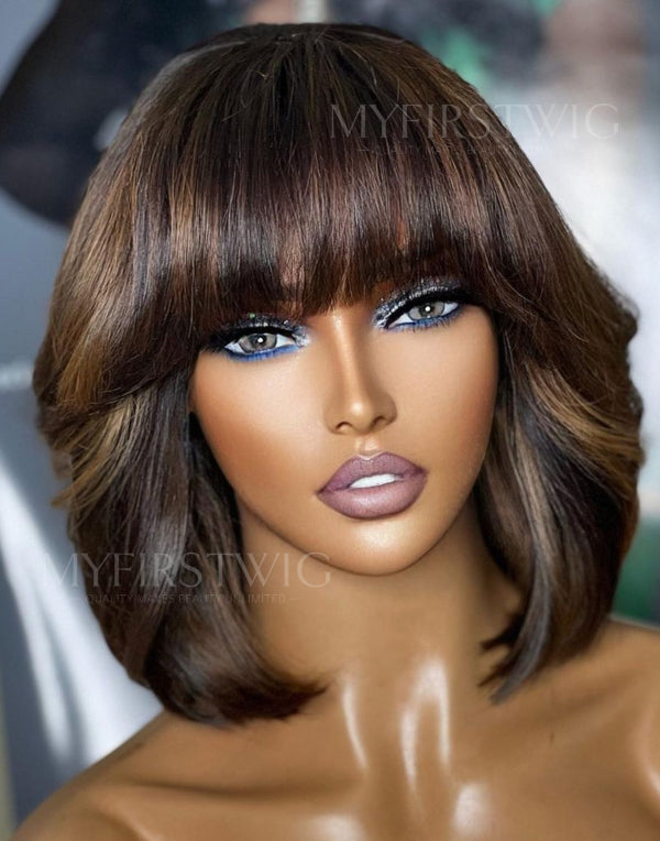 10-14 Inch Brown Highlight Bob With Bangs Glueless Human Hair Lace Wig / Closure Wig - SPE033