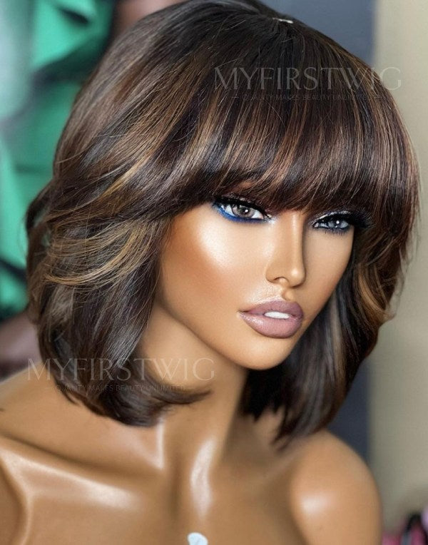 10-14 Inch Brown Highlight Bob With Bangs Glueless Human Hair Lace Wig / Closure Wig - SPE033
