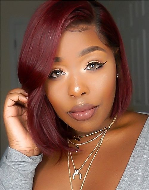 10-14 Inch Glueless Bob Ombre Red Human Hair Lace Wig / Closure Wig - Brenda LFW009