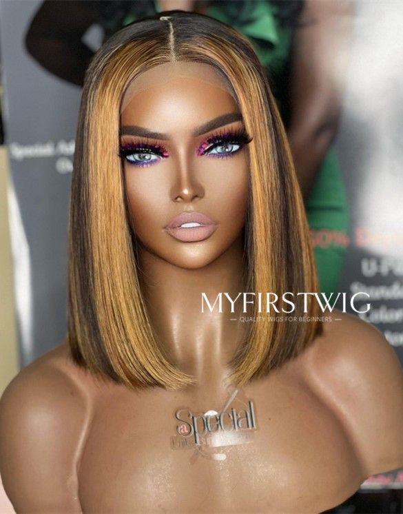 10-14 Inch Ombre with Blonde Highlight Bob Glueless Human Hair Lace Wig / Closure Wig - SPE032