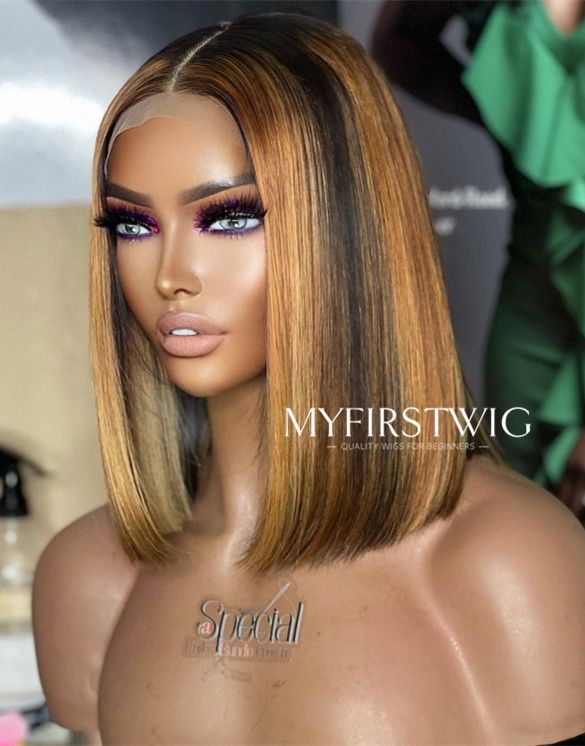 10-14 Inch Ombre with Blonde Highlight Bob Glueless Human Hair Lace Wig / Closure Wig - SPE032