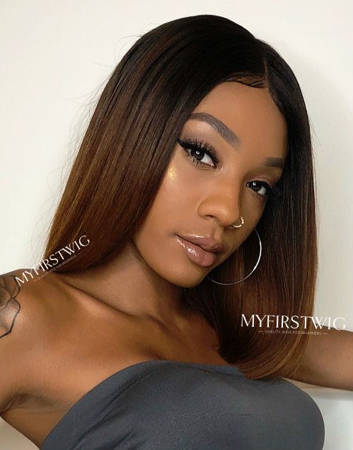 10-14 Inch Ombre Brown Straight Bob Glueless Human Hair Lace Wig / Closure Wig - Erica LFW010