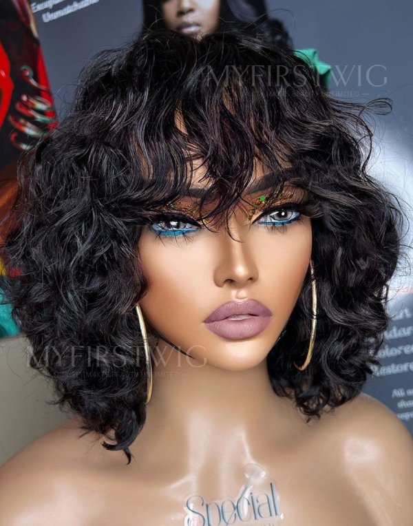 12-16 Inch Wavy Bob With Bangs Glueless Human Hair Lace Wig / Closure Wig - SPE068