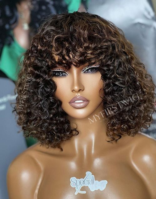 12-16 Inch Brown Highlight Curly With Bangs Glueless Human Hair Lace Wig / Closure Wig - SPE015