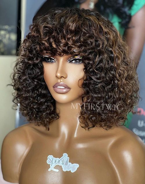 12-16 Inch Brown Highlight Curly With Bangs Glueless Human Hair Lace Wig / Closure Wig - SPE015