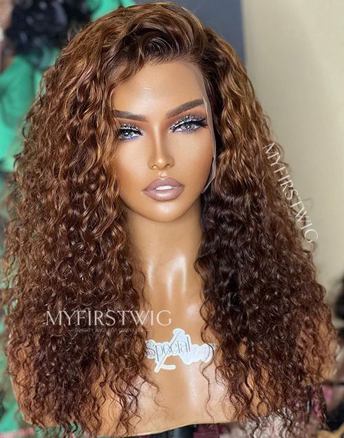 16-20 Inch Caramel Brown Curly Glueless Human Hair Lace Wig / Closure Wig - SPE012