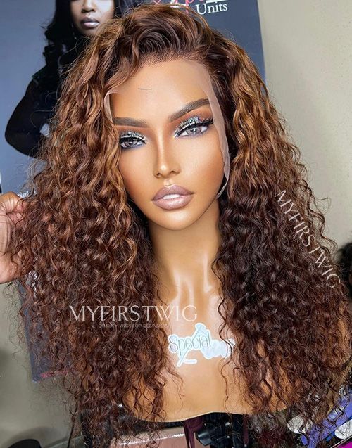 16-20 Inch Caramel Brown Curly Glueless Human Hair Lace Wig / Closure Wig - SPE012