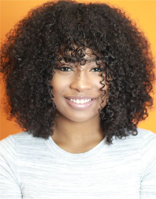 14-16 Inch Natural Curly Bob With Bangs Glueless Human Hair Lace Wig / Closure Wig - LFW012