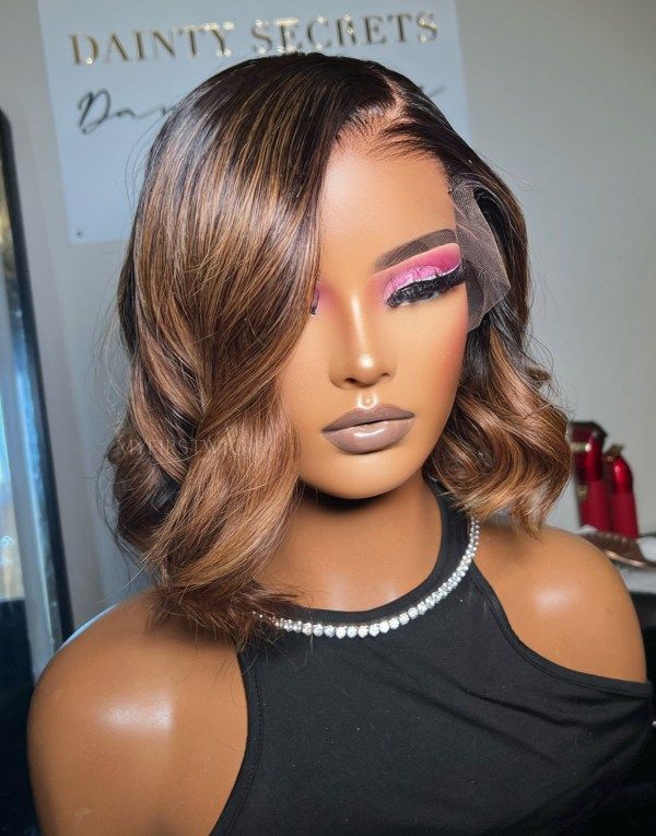12-16 Inch Ombre Brown Wavy Bob Glueless Human Hair Lace Wig / Closure Wig - DTS013
