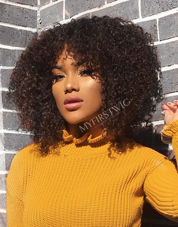 14-16 Inch Natural Curly With Bangs Glueless Human Hair Lace Wig / Closure Wig - LFC019