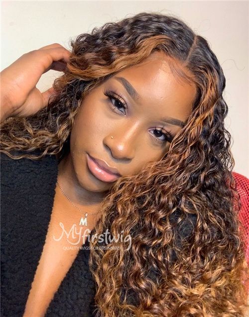 16-20 Inch Ombre Brown Curly Glueless Human Hair Lace Wig / Closure Wig - HBS001