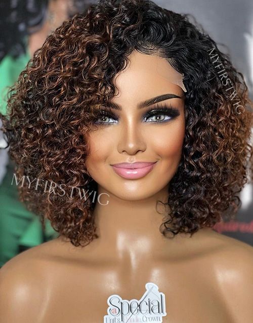 12-16 Inch Ombre Brown Curly Glueless Human Hair Lace Wig / Closure Wig - SPE008