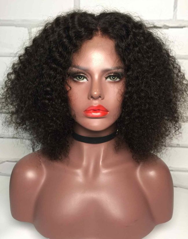 12-16 Inch Natural Kinky Curly Bob Glueless Human Hair Lace Wig / Closure Wig - Candice LFC002