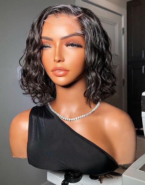 12-16 Inch Water Wave Curly Bob Glueless Human Hair Lace Wig / Closure Wig - DTS003