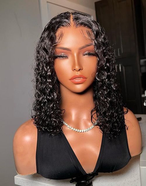 14-16 Inch Water Wave Mid-Length Curly Glueless Human Hair Lace Wig / Closure Wig - DTS006