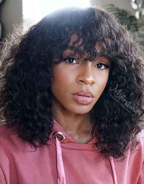 12-16 Inch Water Wave With Bangs Glueless Human Hair Lace Wig / Closure Wig - Victoria LFC009