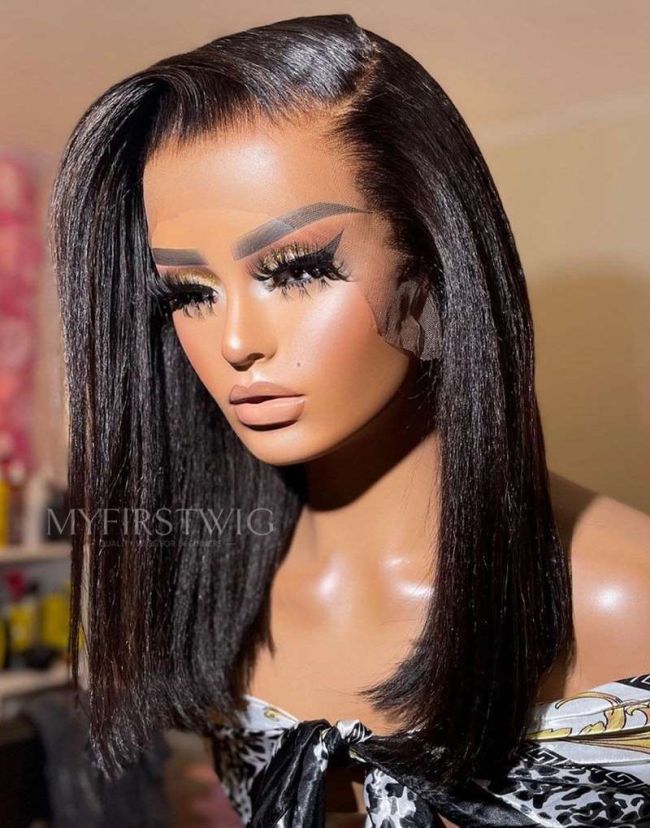 14-16 Inch Yaki Straight Side Part Glueless Human Hair Lace Wig / Closure Wig - OPH007
