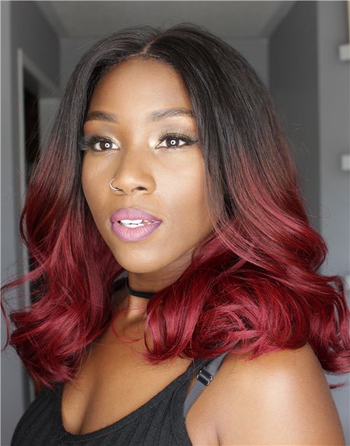 14-16 Inch Ombre Red Burgundy Wavy Glueless Human Hair Lace Wig / Closure Wig - Barbra LFW043