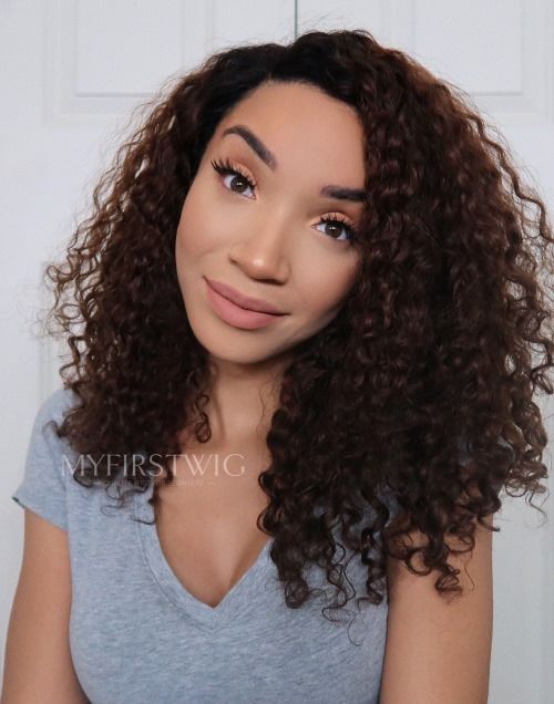14-18 Inch Side Part Brown Curly Glueless Human Hair Lace Wig / Closure Wig - Raven LFC005