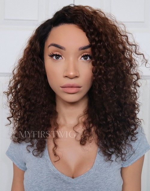 14-18 Inch Side Part Brown Curly Glueless Human Hair Lace Wig / Closure Wig - Raven LFC005