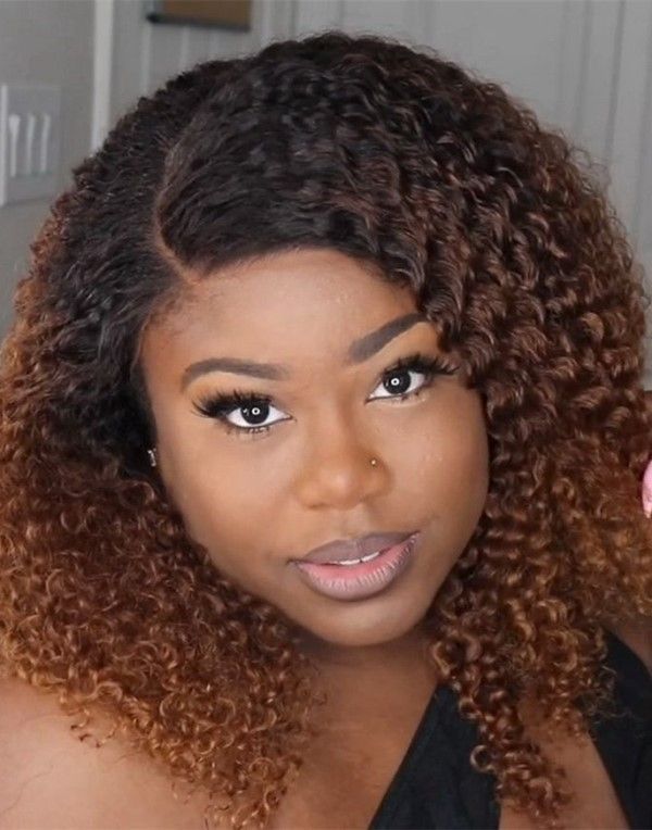 14-18 Inch Ombre Brown Kinky Curly Glueless Human Hair Lace Wig / Closure Wig - NTX002