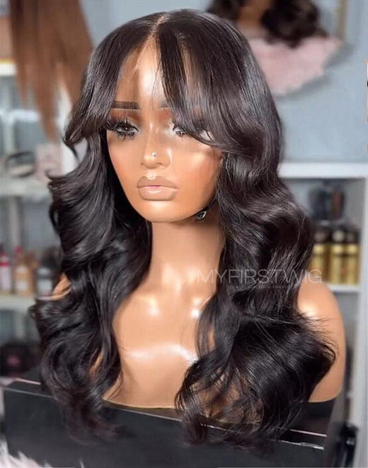 14-20 Inch Curtain Bangs Fringe Wavy Human Hair Lace Front Wig - JYW007