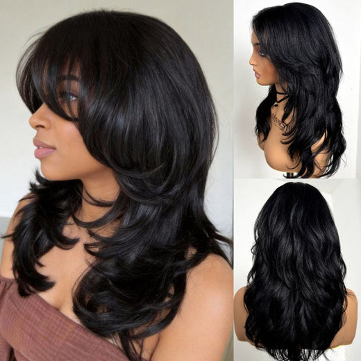 14-20 Inch Butterfly Layers Cut With Curtain Bangs Fringe Straight Glueless Huamn Hair Lace Front Wig - MAI016