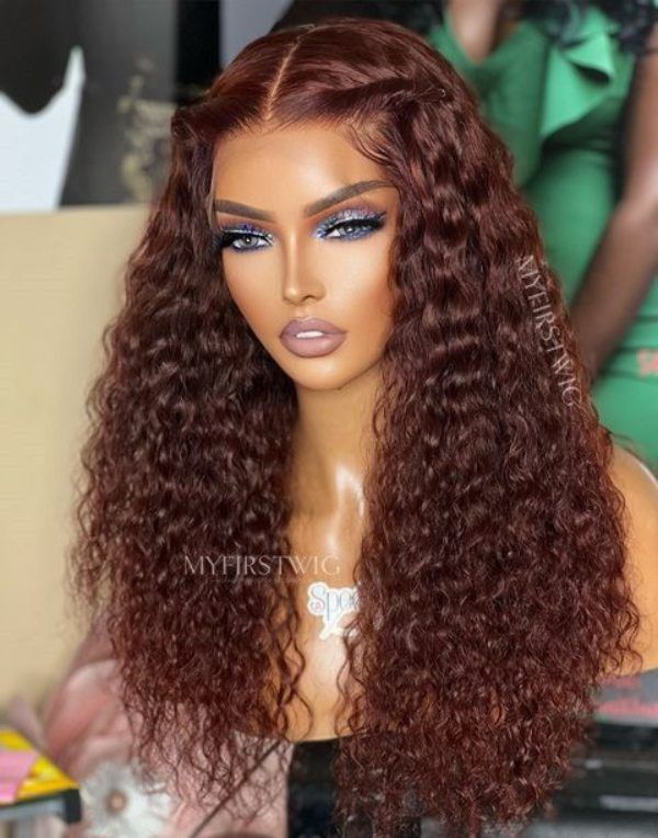 16-20 Inch Auburn Brown Curly Glueless Human Hair Lace Wig / Closure Wig - SPE018