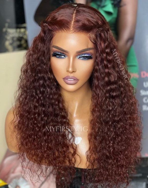 16-20 Inch Auburn Brown Curly Glueless Human Hair Lace Wig / Closure Wig - SPE018