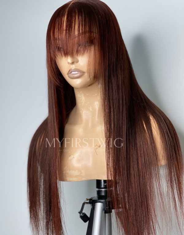 16-20 Inch Auburn Brown with Bangs Glueless Human Hair Lace Wig / Closure Wig - TDM002
